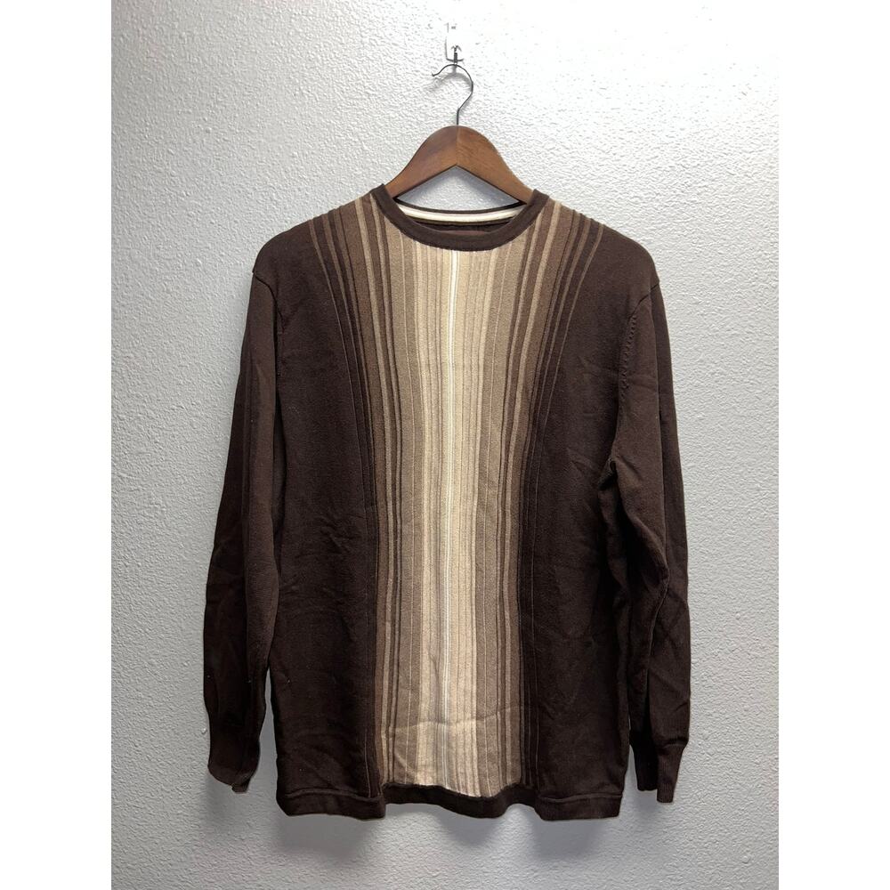 Vintage Perry Ellis Brown Sweater Variegated Stripe Hong Kong Made VTG Large